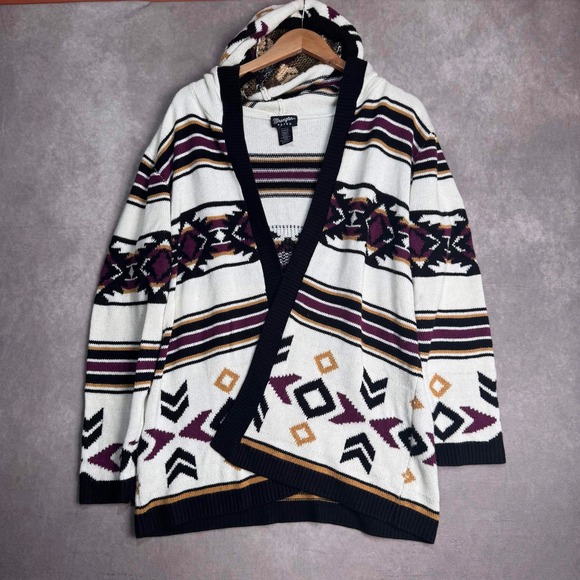 Wrangler Sweaters - Wrangler Retro Womens Hooded Cardigan Sweater Southwestern Geometric Purple L